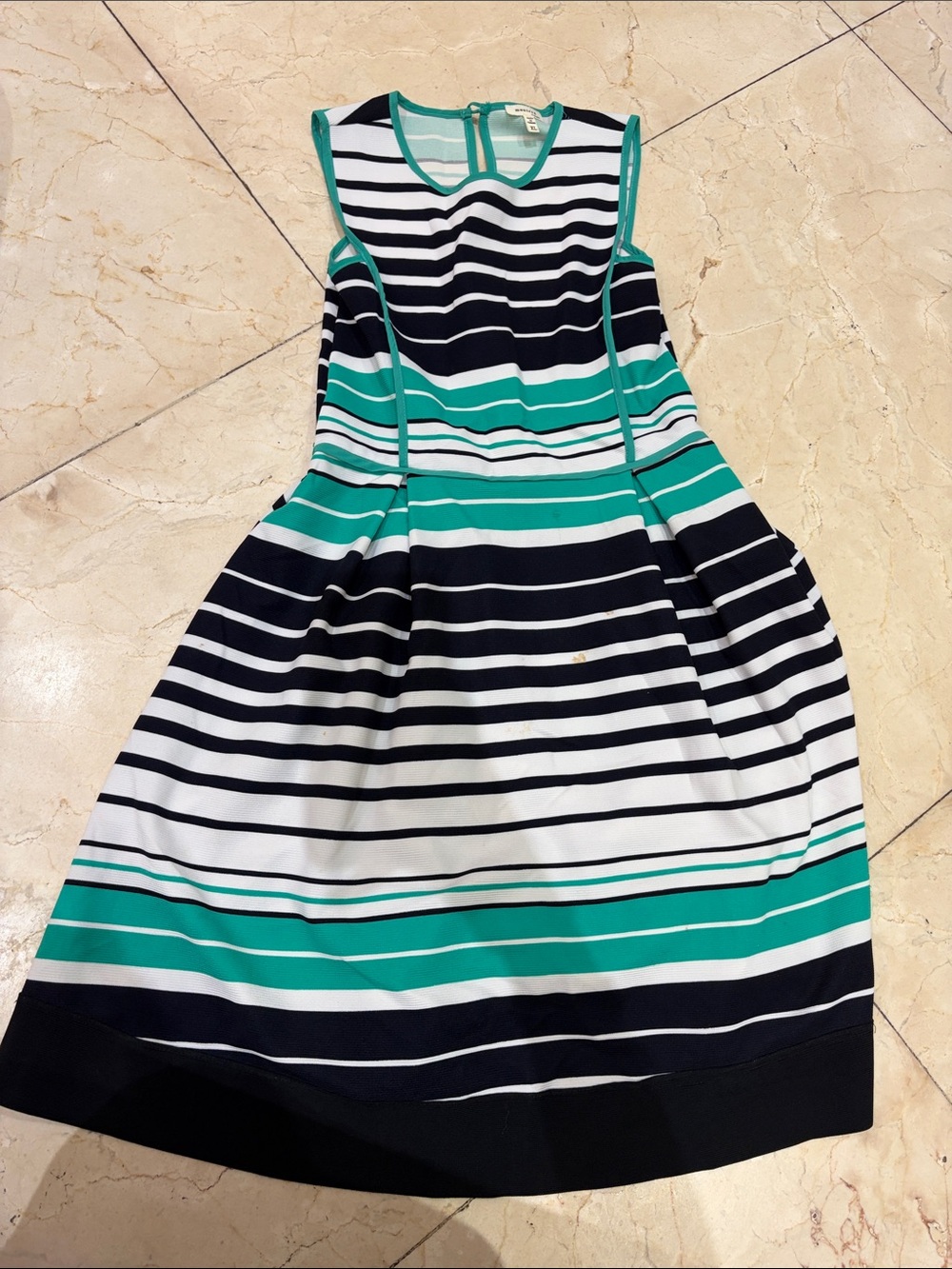 Monteau Sleeveless Striped Dress in Teal, Navy & White